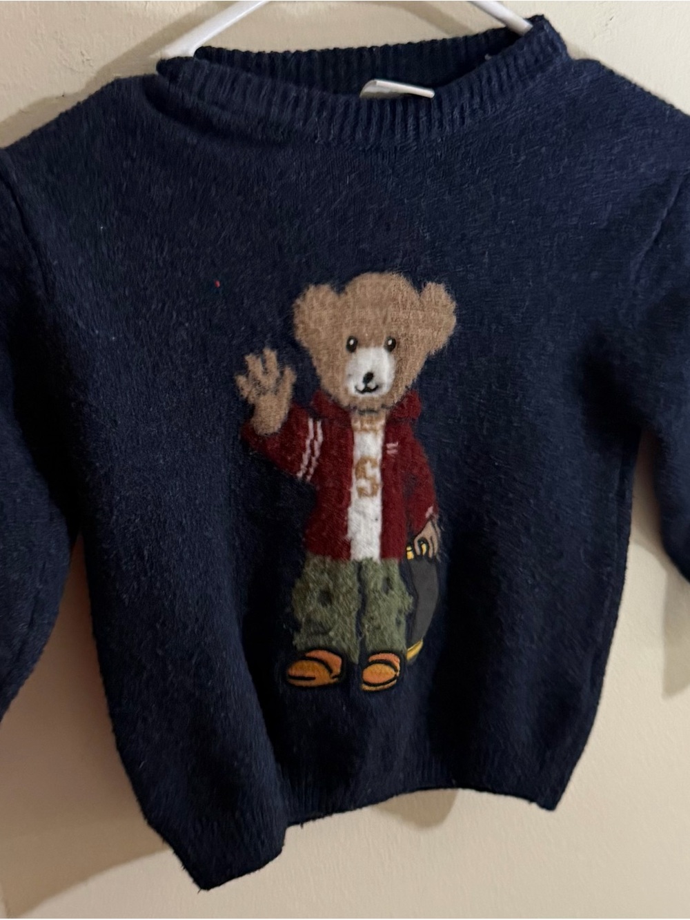 Zara Size 3 Dark Navy Teddy Wear Waving Crew Neck Sweater